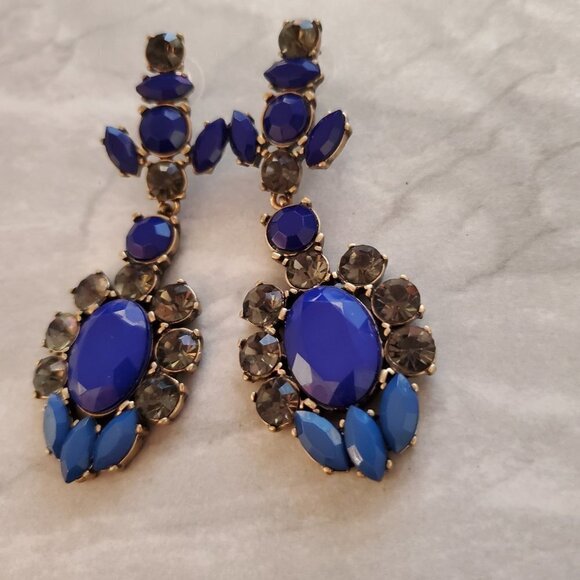 💖 J.Crew Blue Grey Rhinestones Crystals Cluster Statement Drop Dangle Earrings - Picture 6 of 15